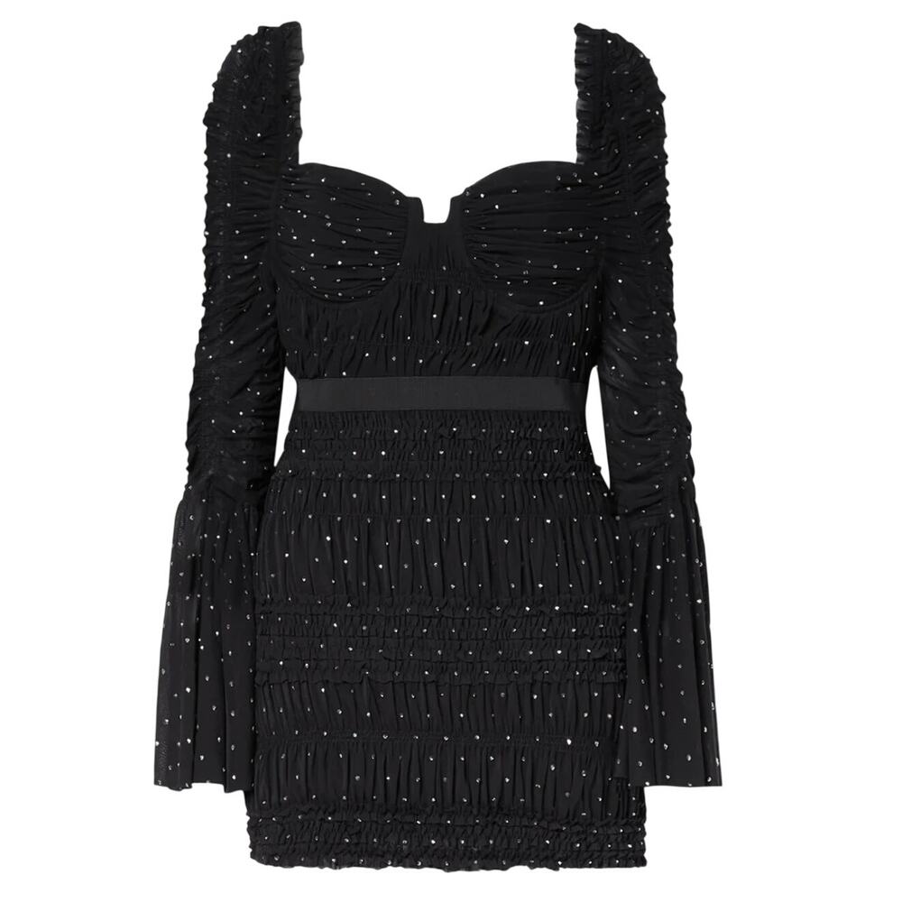 Self-Portrait Chic Black Crystal Ruched Stretch Mesh Mini Dress Size 4